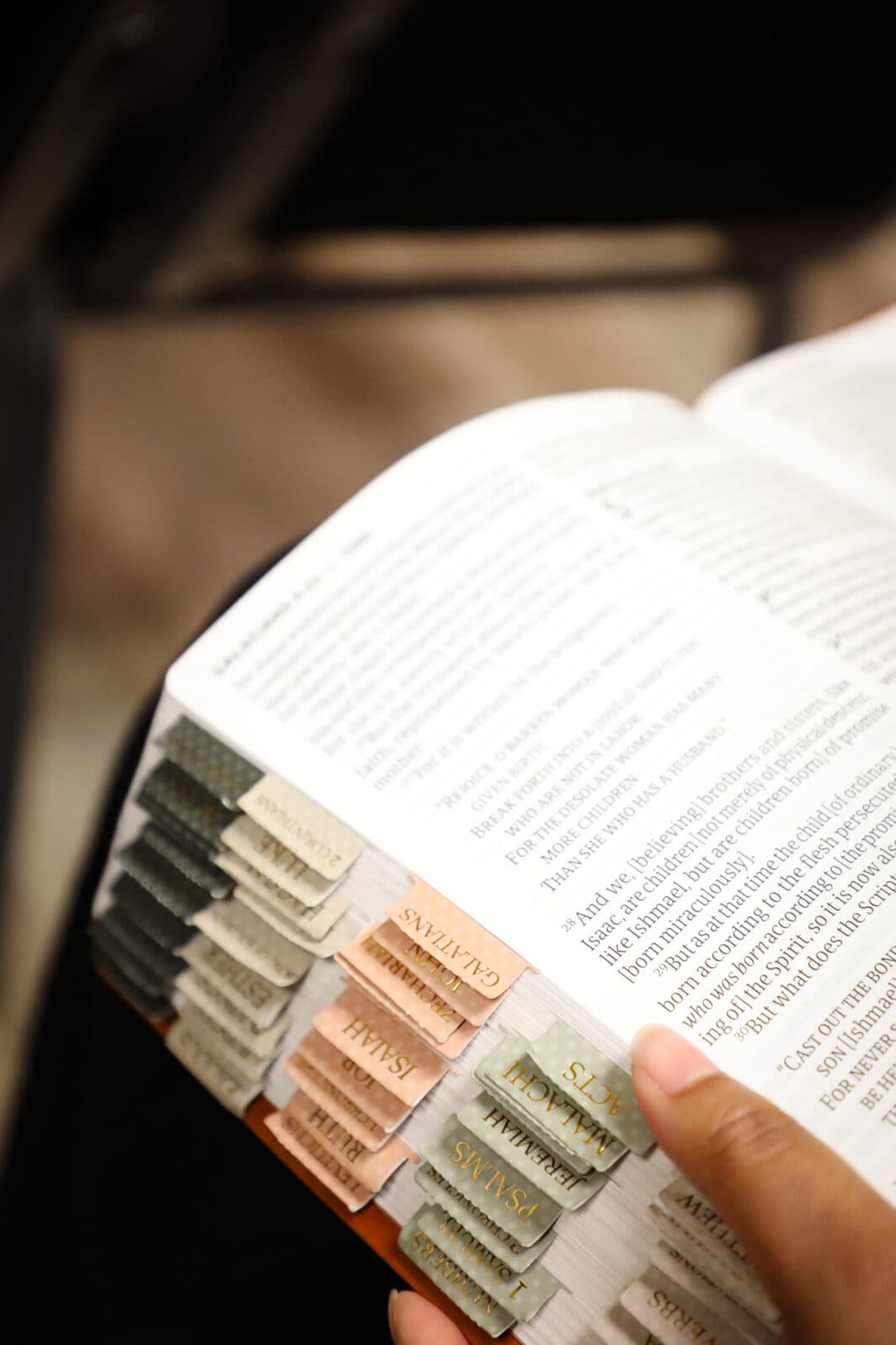 Hands holding an open, well-marked Bible